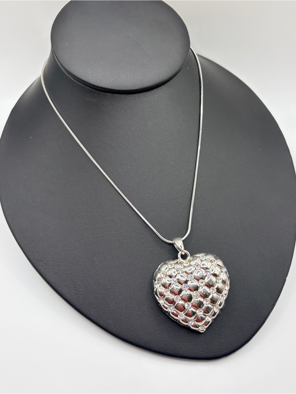 Chunky Silver Plated Heart Quilted Pendant Necklace with Crystal Accents